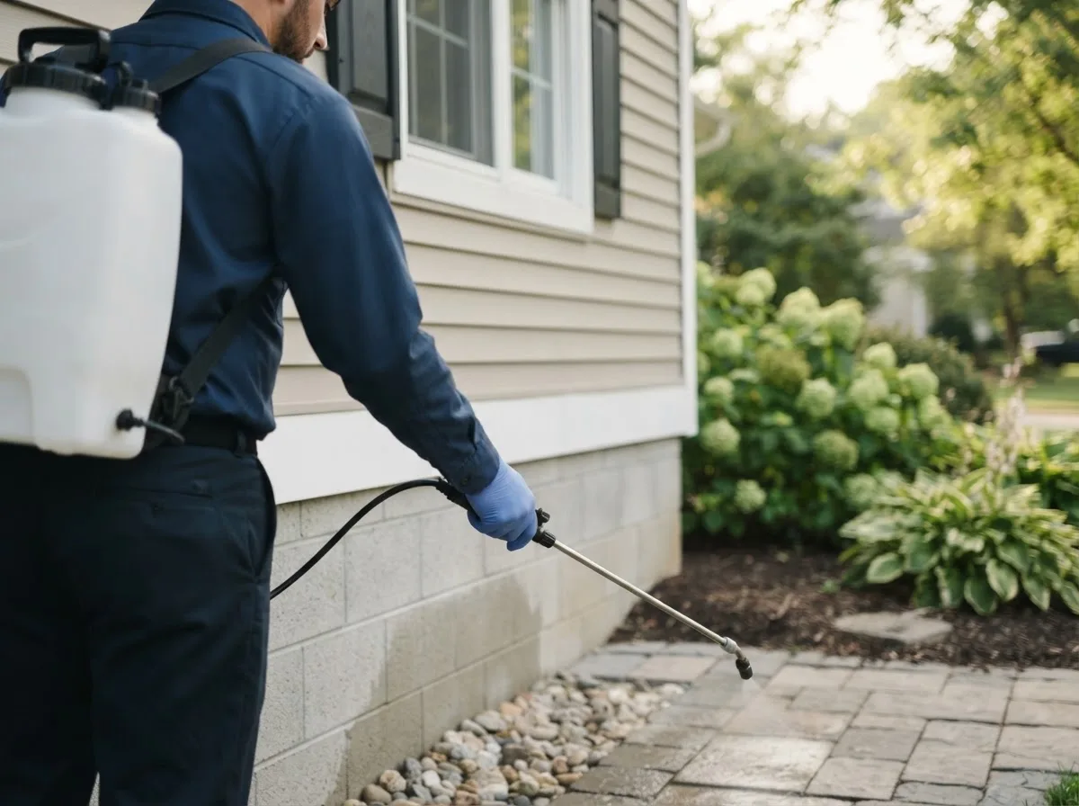 Pest control technician inspecting a home in Quasqueton, IA